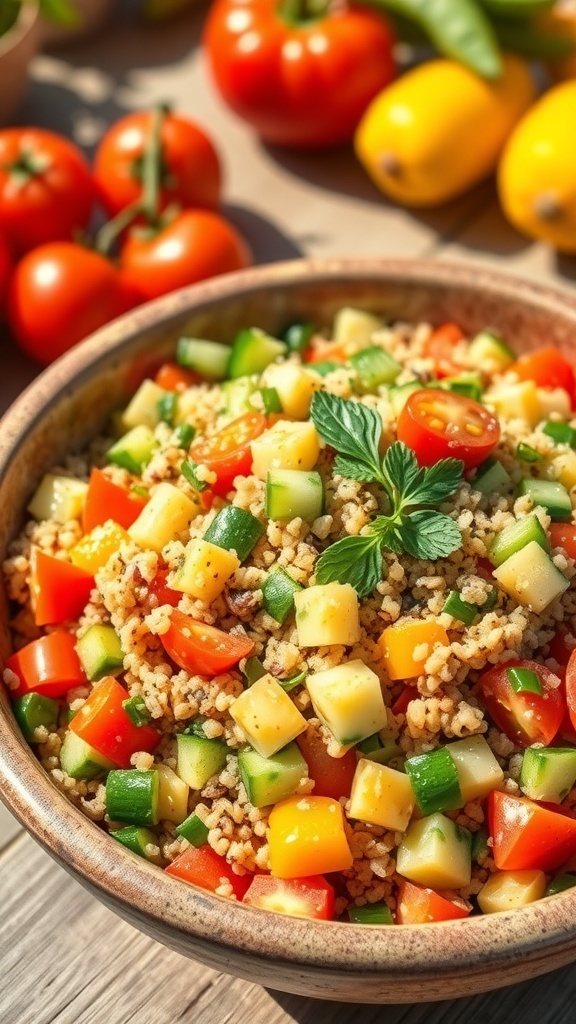 A colorful quinoa salad with vegetables and herbs in a rustic bowl, set outdoors.